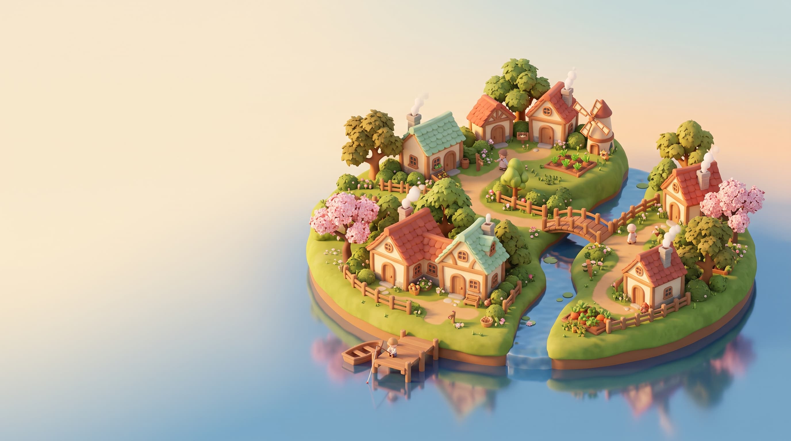 The island of Pebblewood at golden hour, with cottages, blossom trees and a wooden dock