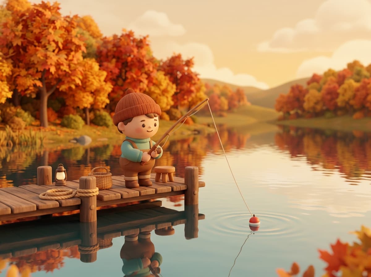 A villager fishing from a wooden pier on a calm lake surrounded by autumn maple trees