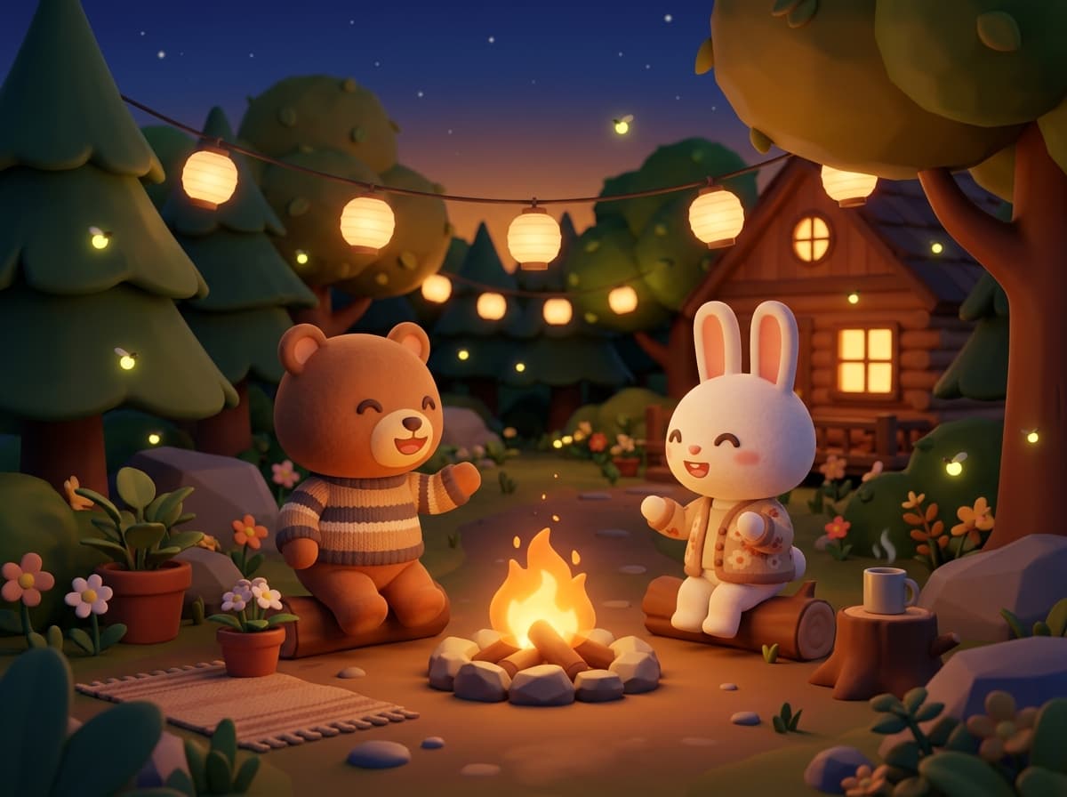 A bear and a rabbit villager chatting beside a campfire under paper lanterns at dusk