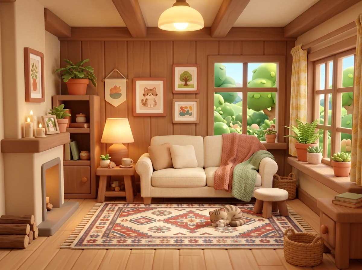 The warmly decorated interior of a cottage with a rug, sofa and potted plants